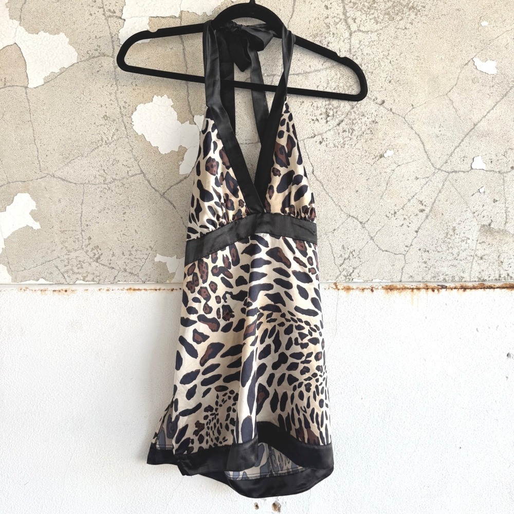 Y2K Candies Halter Top Leopard Print Satin Party Club Tank Open Back Women M Vtg